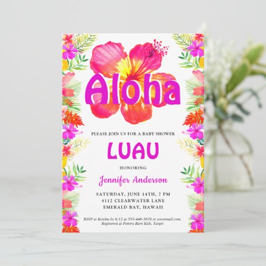 Aloha Tropical Luau Kinderdusche Einladung (Stehend Vorderseite)