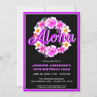 Aloha Tropical Luau Neon Lila Geburtstag Einladung