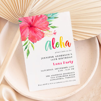 Aloha Tropical Luau Pink Hibiskus Geburtstagsparty Einladung