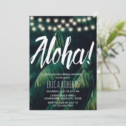 Aloha Tropical Palm Blätter Beach Brautparty Einladung (Stehend Vorderseite)