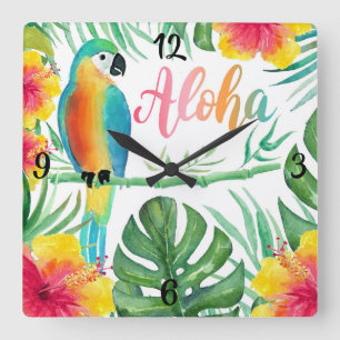 Aloha Tropical Parrot Hibiskus Palm Square Wall Cl Quadratische Wanduhr