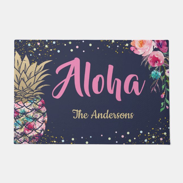 Aloha Tropical Pineapine Pink Floral Familienname Fußmatte (Vorderseite)