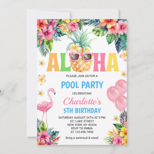 Aloha Tropical Pineapple Flamingo Poolparty Einladung (Vorderseite)