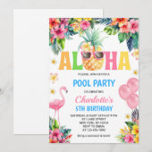 Aloha Tropical Pineapple Flamingo Poolparty Einladung (Vorne/Hinten)