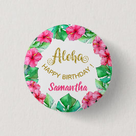 Aloha Tropical Pink Gold Hibiscus Birthday Party Button