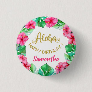 Aloha Tropical Pink Gold Hibiscus Birthday Party Button