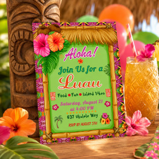Aloha Tropical Pink Grüne Luau-Einladung Einladung
