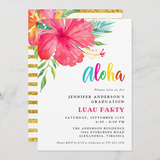 Aloha Tropical Pink Hibiskus Luau Graduierungspart Einladung (Vorne/Hinten)