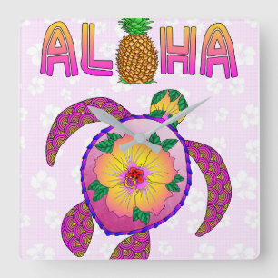 Aloha Tropical Turtle Quadratische Wanduhr