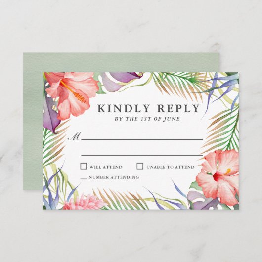 Aloha Tropical Watercolor Floral Wedding RSVP (Vorne/Hinten)