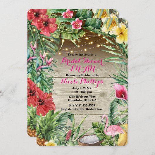 Aloha Tropical Wood Floral Blätter & Lights Bridal Einladung (Vorne/Hinten)