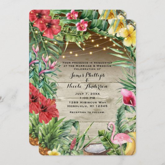 Aloha Tropical Wood Floral Blätter & Lights Weddin Einladung (Vorne/Hinten)