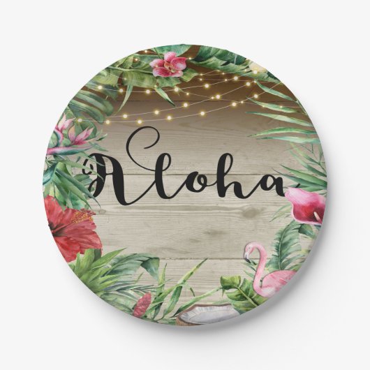 Aloha Tropical Wood Floral Blätter & Lights Weddin Pappteller (Vorderseite)