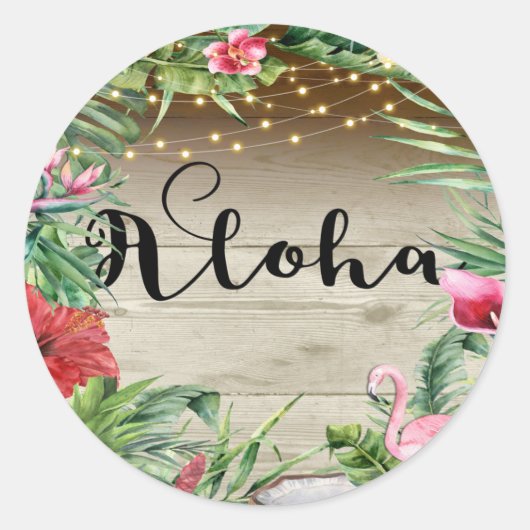 Aloha Tropical Wood Floral Blätter & Lights Weddin Runder Aufkleber (Vorderseite)