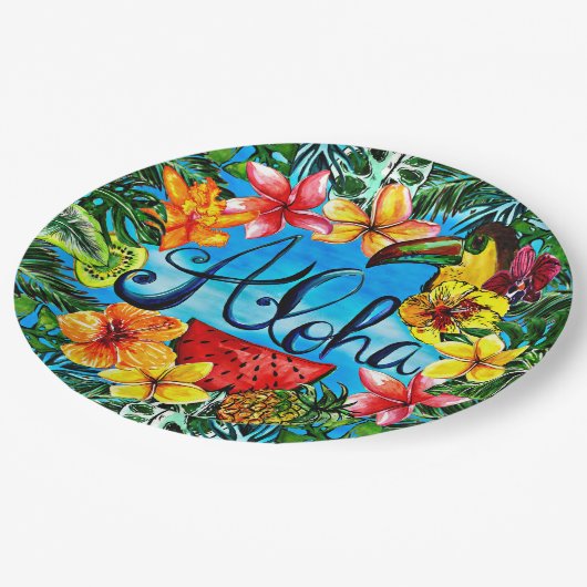 Aloha - tropische Blumen-Nahrung und Pappteller (Schrägansicht)