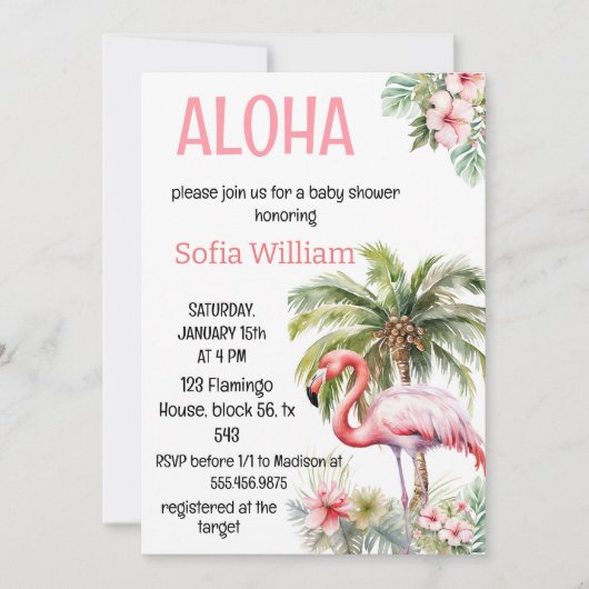 Aloha tropische Flamingo-Babydusche Einladung (Vorderseite)