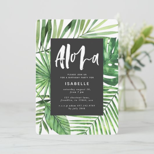 Aloha tropische Palmenblätter & SkriptParty Einlad Save The Date (Stehend Vorderseite)