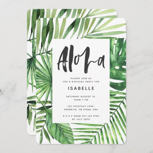 Aloha tropische Palmenblätter & SkriptParty Einlad Save The Date (Vorne/Hinten)