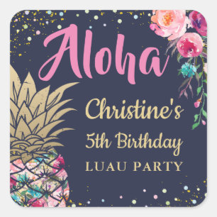 Aloha Tropischer Ananas Rosa Blume Geburtstag Quadratischer Aufkleber