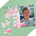 Aloha tropisches FOTO Geburtstagsgeschenk Puzzle<br><div class="desc">Aloha handgeschriebene Stil Typografie Drehbuch 5 Jahre Mädchen trendige Hawaiian luau Foto Geburtstag Sake Geschenk fuchsia rosa Flamingo Vögel und grüne tropische Blätter.                      Es kann eine Überraschung oder eine virtuelle Feier über weite Strecken sein,  personalisierte Sake-Geschenke für Kinder oder Jugendliche im Sommer zum Geburtstag.</div>