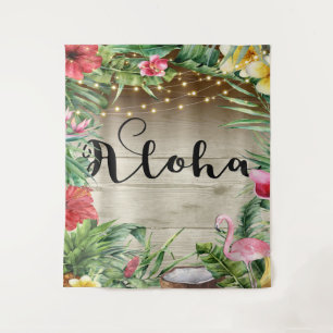 Aloha Tropisches Holz Florale Blätter & Lichter Lu Wandteppich