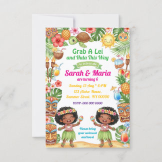 Aloha twins girl birthday invitation einladung