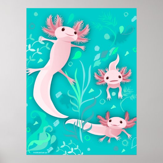 Alotta Pink Axolotls auf Aquamarinem Poster (Vorne)
