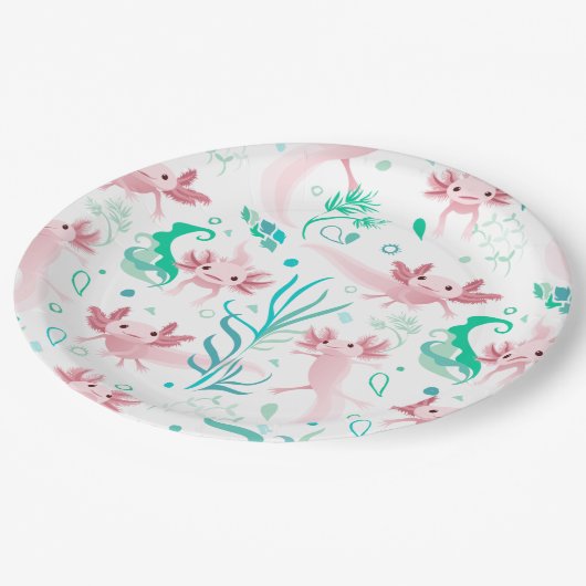 Alotta Pink Axolotls auf Weiß Pappteller (Schrägansicht)