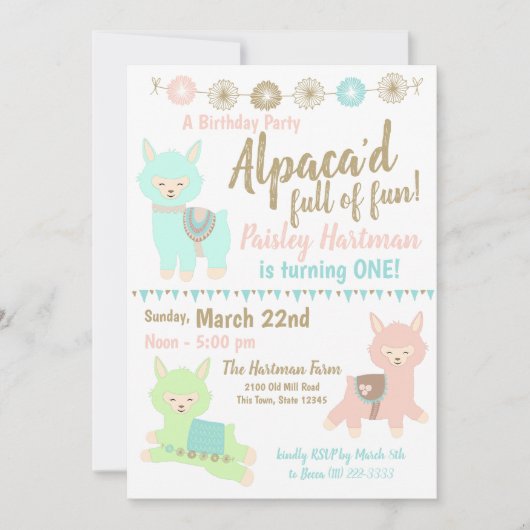 Alpaca 1. Geburtstag Party Einladung (Vorderseite)