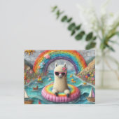 Alpaca auf einem Regenbogenfarbenflock Postkarte (Stehend Vorderseite)