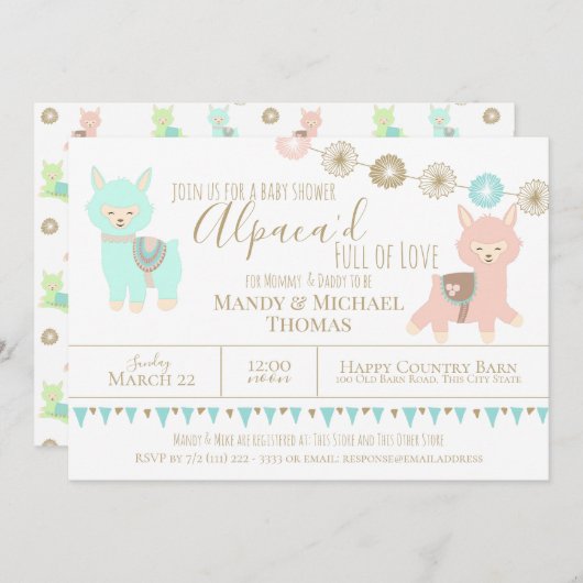 Alpaca Babydusche verpackt mit Liebe Gender Neutra Einladung (Vorne/Hinten)