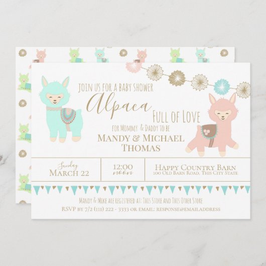 Alpaca Babydusche verpackt mit Liebe Gender Neutra Einladung (Vorne/Hinten)