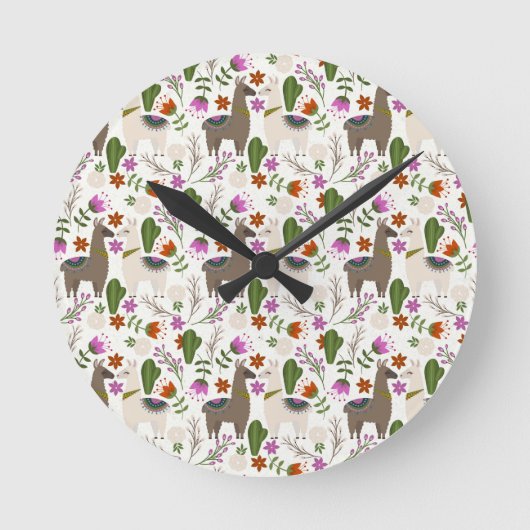 Alpaca Cactus Floral Pattern Runde Wanduhr (Vorderseite)