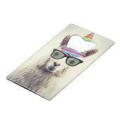 Alpaca in Brille und Party Hat Geldbeutel Flaschenöffner (Vorderseite Schrägansicht)