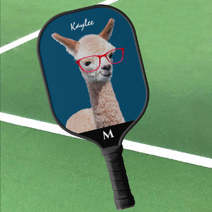 Alpaca in Red Glasses, Name & Monogram Ocean Blue Pickleball Schläger