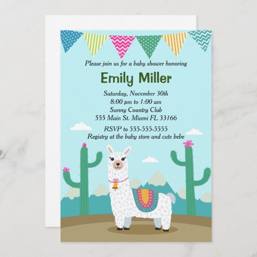 Alpaca Llama Babydusche Einladung (Vorne/Hinten)