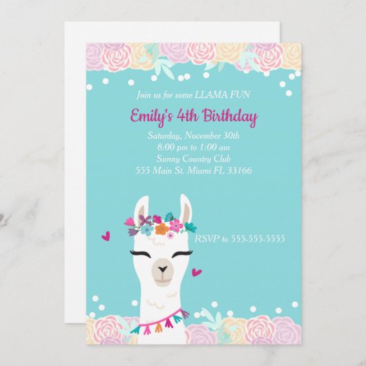 Alpaca Llama Face Kindergeburtstag Einladung (Vorne/Hinten)