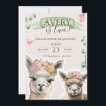 Alpaca llama Kid Birthday | Einladung der Babydusc<br><div class="desc">Feiern Sie mit diesem bezaubernden, vollständig anpassbaren Baby- oder Kindervorschlaf, der zwei wertvolle Aquarellbilder in sanften Pastelltönen enthält, einen ganz besonderen Tag für Ihre Kleinen. Umgeben von skurrilen Blätter und Schmetterlingen ist dieses Design perfekt für Babyduschen, Geburtstage oder Gender-neutrale Feiern. Bearbeiten Sie den Text einfach, um Namen, Daten und Party-Details...</div>
