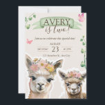 Alpaca llama Kid Birthday | Einladung der Babydusc<br><div class="desc">Feiern Sie mit diesem bezaubernden, vollständig anpassbaren Baby- oder Kindervorschlaf, der zwei wertvolle Aquarellbilder in sanften Pastelltönen enthält, einen ganz besonderen Tag für Ihre Kleinen. Umgeben von skurrilen Blätter und Schmetterlingen ist dieses Design perfekt für Babyduschen, Geburtstage oder Gender-neutrale Feiern. Bearbeiten Sie den Text einfach, um Namen, Daten und Party-Details...</div>