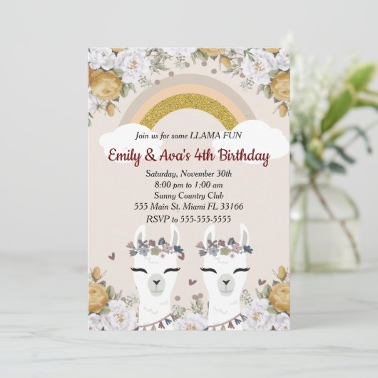 Alpaca Llama Twins Kindergeburtstag Einladung (Stehend Vorderseite)