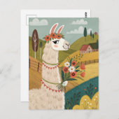 Alpaca mit Blume Volkskunst Postkarte (Vorne/Hinten)