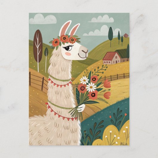 Alpaca mit Blume Volkskunst Postkarte (Vorderseite)