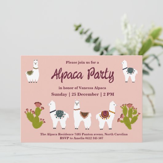 Alpaca Party Cactus Pink Birthday Einladung (Stehend Vorderseite)