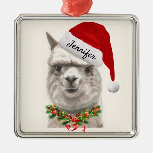 Alpaca Smiles ADD NAME Llama Christmas Tree Ornament Aus Metall (Vorne)