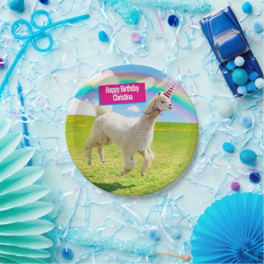 Alpaca Unicorn unter Rainbow Sky Pappteller (Party)