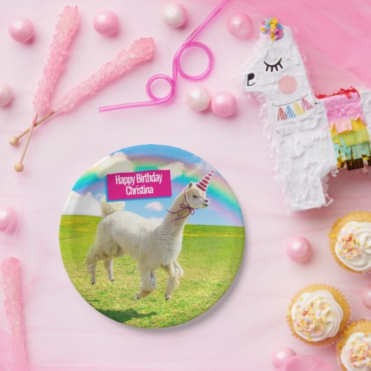 Alpaca Unicorn unter Rainbow Sky Pappteller (Party)