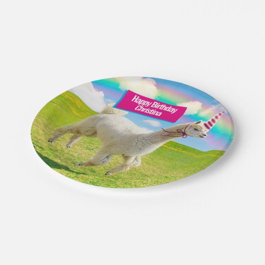 Alpaca Unicorn unter Rainbow Sky Pappteller (Schrägansicht)