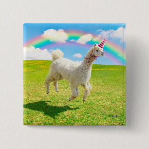 Alpaca Unicorn unter Regenbogen Himmel Button