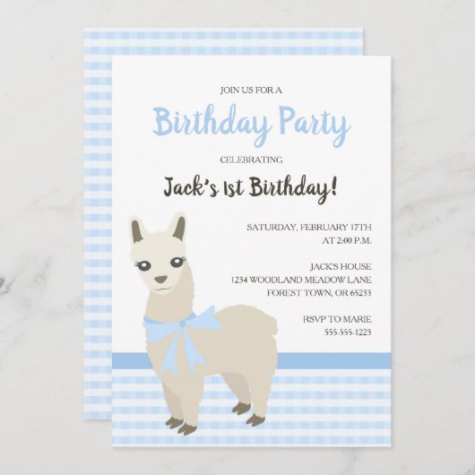 Alpaka-blaue Geburtstags-Party Einladung (Vorne/Hinten)