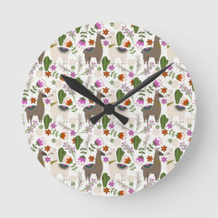 Alpaka-Kaktus-Blumenmuster Tierliebhaber Runde Wanduhr